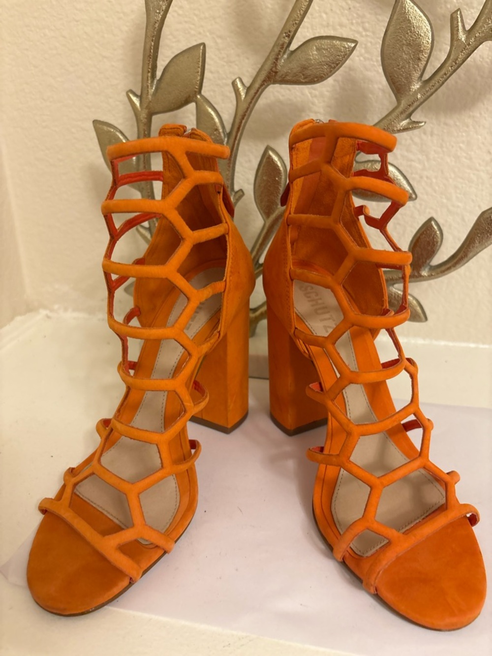 SCHUTZ Julianna Bright Orange Caged Block Heel Sandals